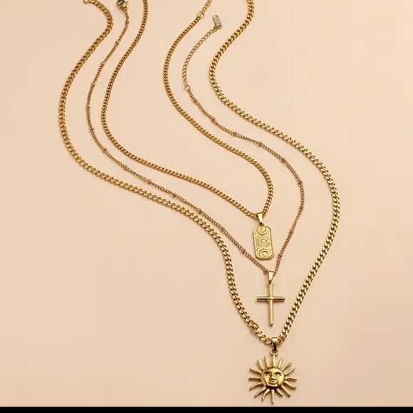 “ Golden Hour “  18k Gold Necklace Stack Set 3 piece Stacker  Sun Moon Cross - Picture 4 of 6
